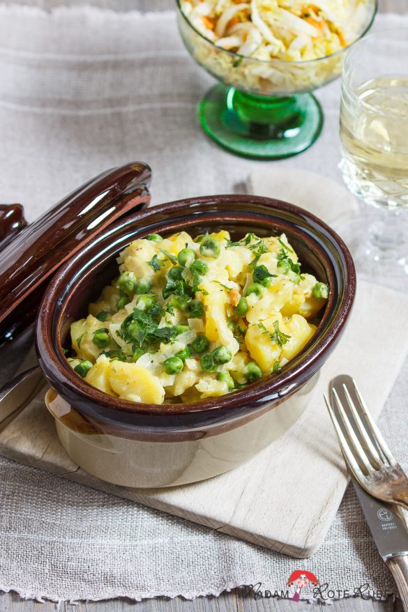 Madam Rote Rübe - Kartoffeln in Zwiebel-Sahne-Sauce mit Erbsen - Plattgeschmelzte aus der Pfalz