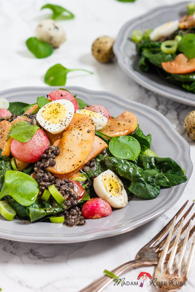 Spinat-Salat mit karamellisierten Honig-Radieschen und Linsen ... Spinat-Salat mit karamellisierten Honig-Radieschen und Linsen ...