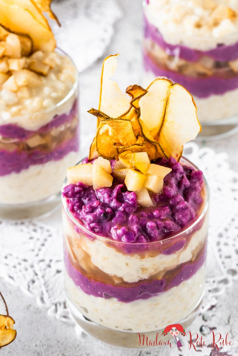 Kokos-Milchreis mit lila Süßkartoffel und Birnenkompott - Madam Rote Rübe